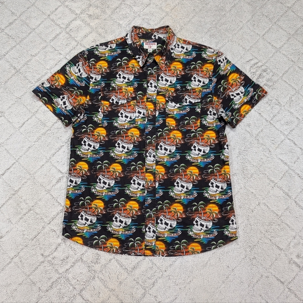 True Religion Shirt Mens L Black Skull Hawaiian Utility Short Sleeve Travel